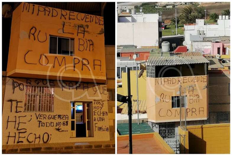 Vivienda con la fachada llena de pintadas contra el desahucio (Foto TA)
